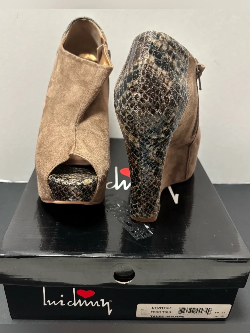 Luichiny Taupe Suede Python Print Peep Toe Platform Wedge Booties Size 8